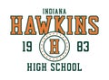 Hawkins, Indiana college style t-shirt design. Basketball tee shirt print. High school team basketball jersey print design. Vector